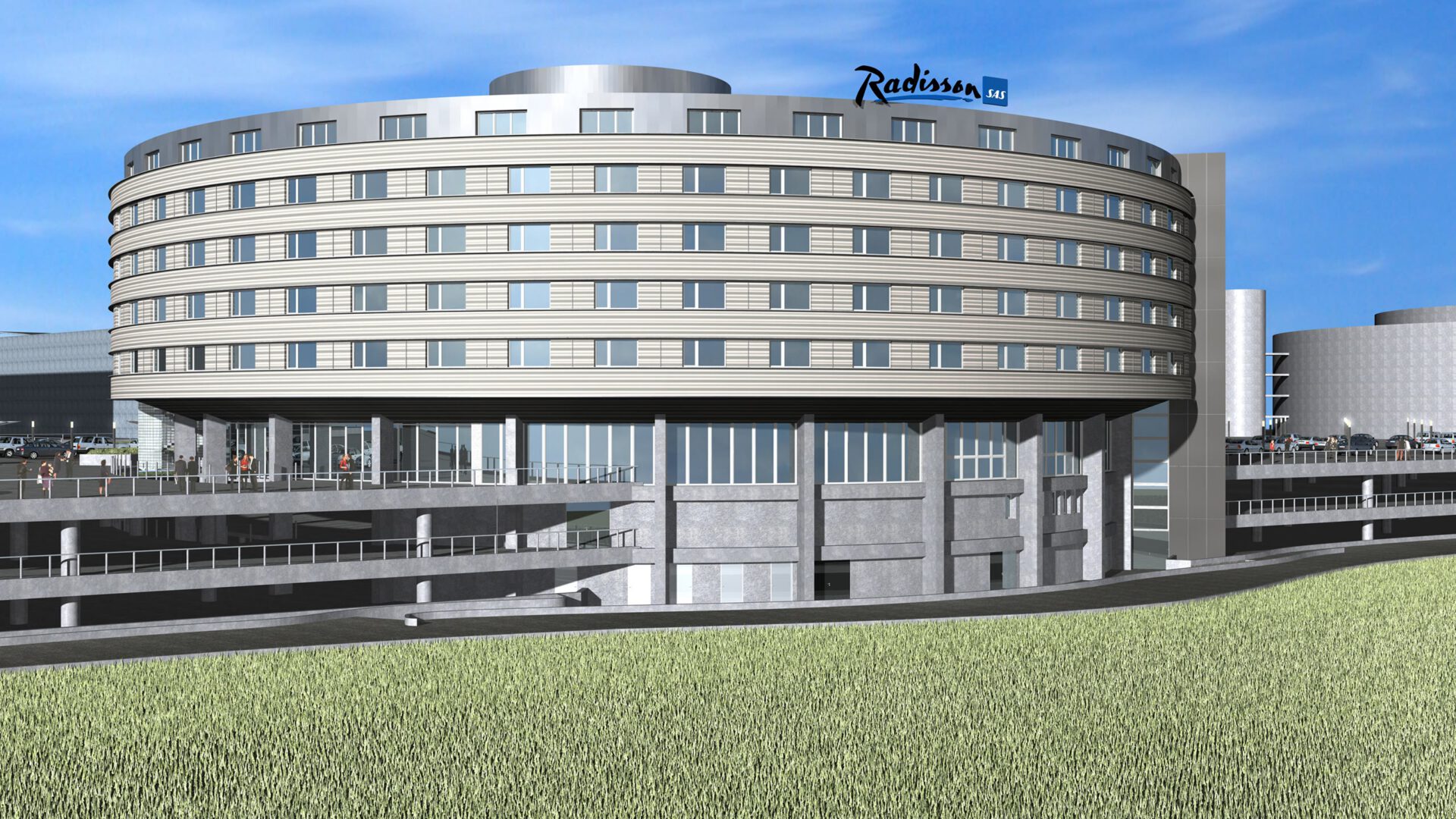 Visualisierung des runden Hotelbaus über dem Parkhaus