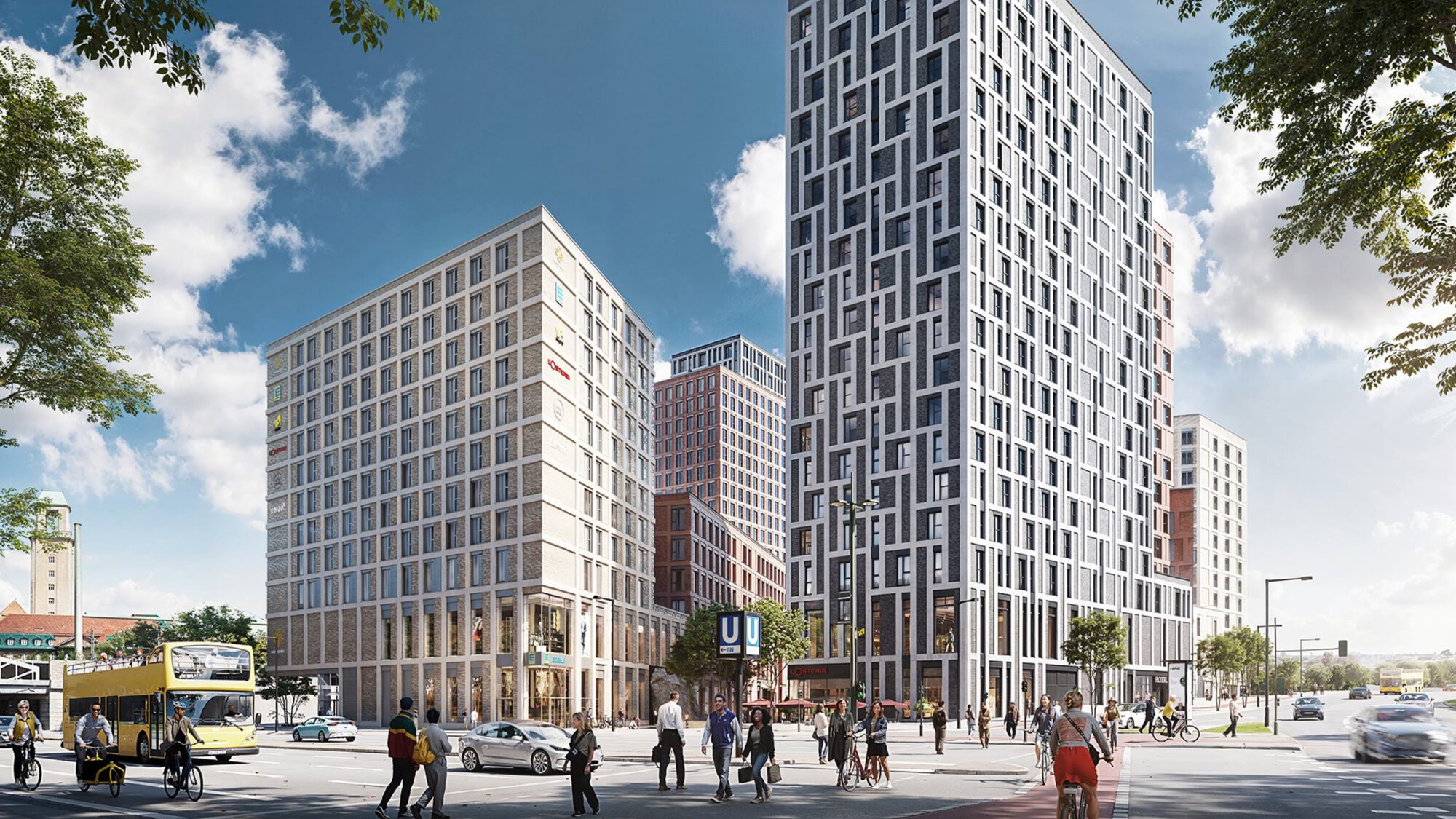 Spandauer Ufer in Berlin-Spandau, Blick von der Kreuzung auf das Quartier mit dem U-Bahn-Zugang und dem hellen Wohnhochhaus