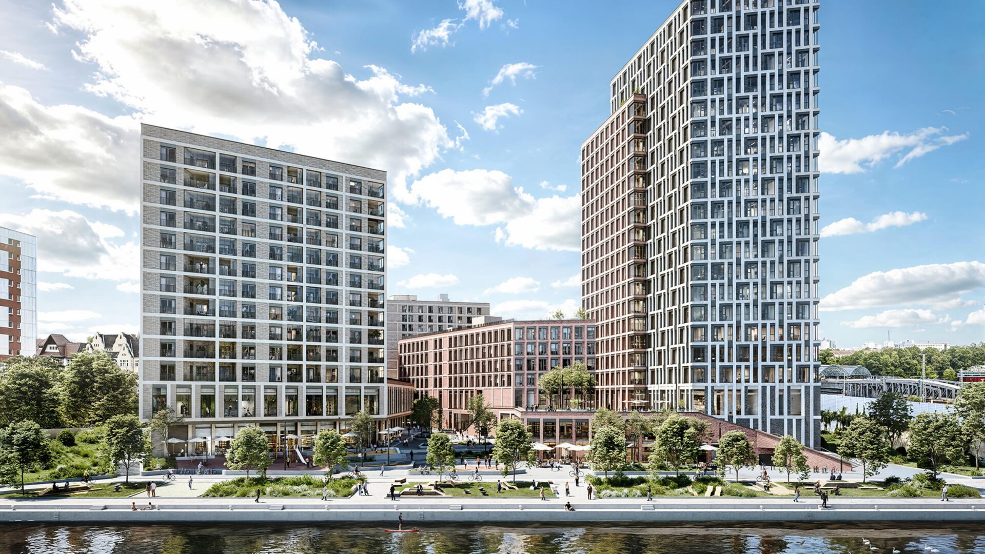 Das Quartier von der Havel aus gesehen, mit der Uferpromenade vor der Ladenzeile und dem Hochhaus an der Ostseite