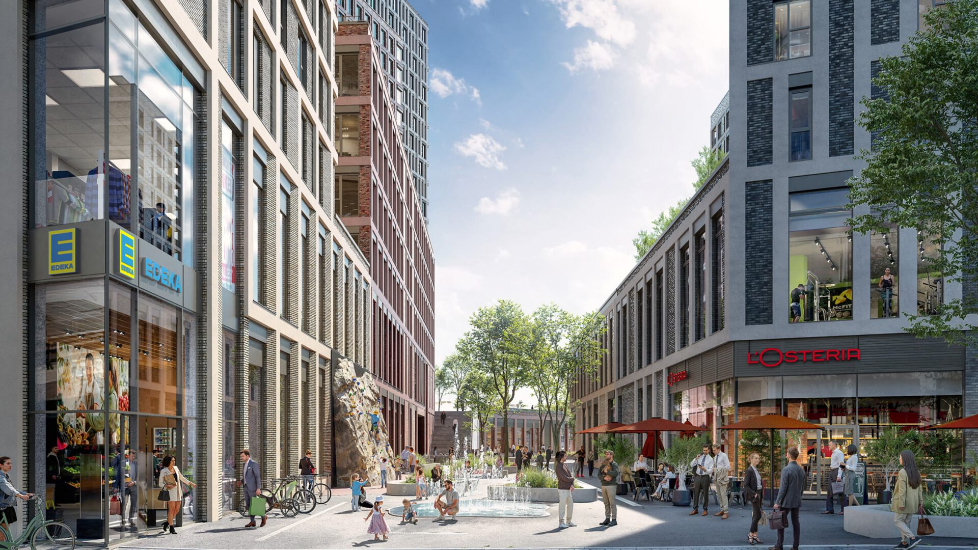 Einkaufspassage des Quartiers mit Ladenzeile, Gastronomie und dem Wasserspiel auf dem Platz