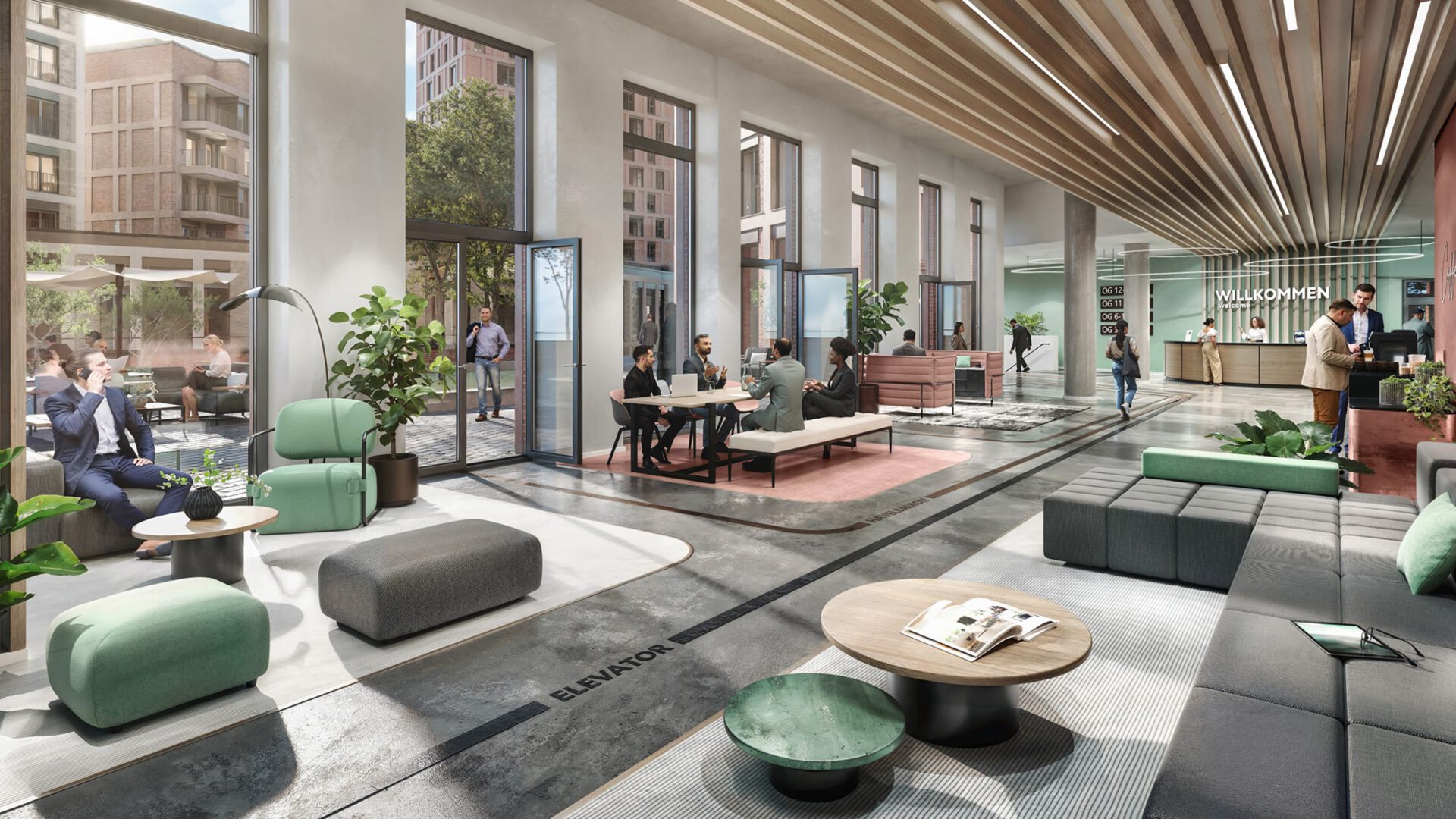 Lobby mit raumhohen Fenstern, Empfangstresen und Sitzgruppen